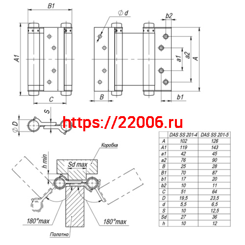 Петля Armadillo (Армадилло) пружинная двусторонняя BH586SS (125*86*1.5) SG (DAS SS 201-5") мат. золото фото 2